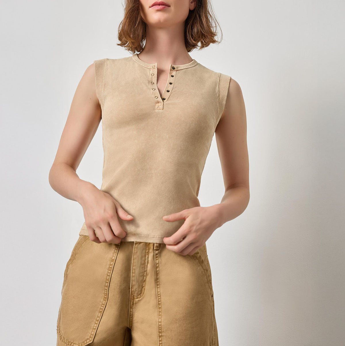 Cap Sleeve Henley in Burlap Wash