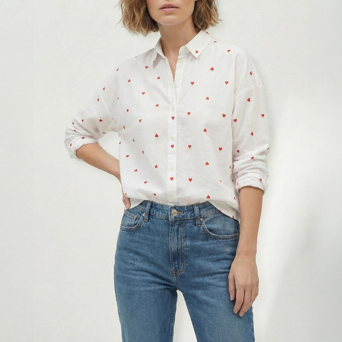 Hearts Button Down in White