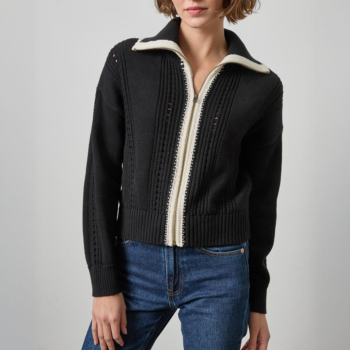 Contrast Zip Cardigan in Black