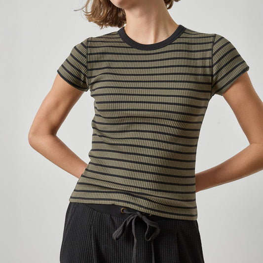 Ribbed Short Sleeve Crew in Olive Stripe