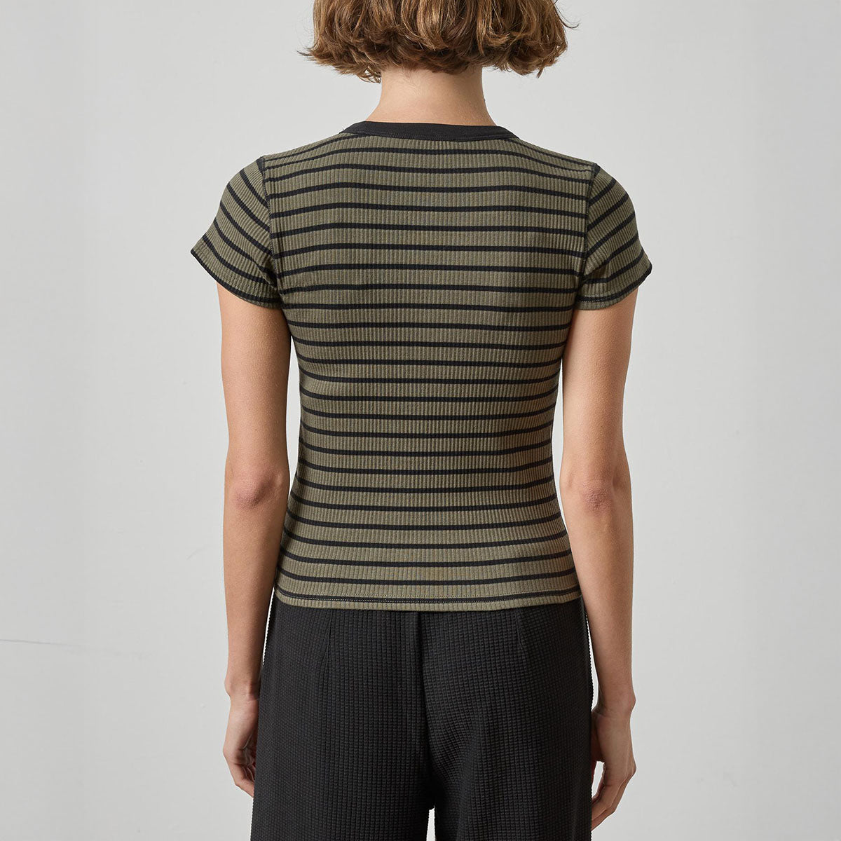 Ribbed Short Sleeve Crew in Olive Stripe