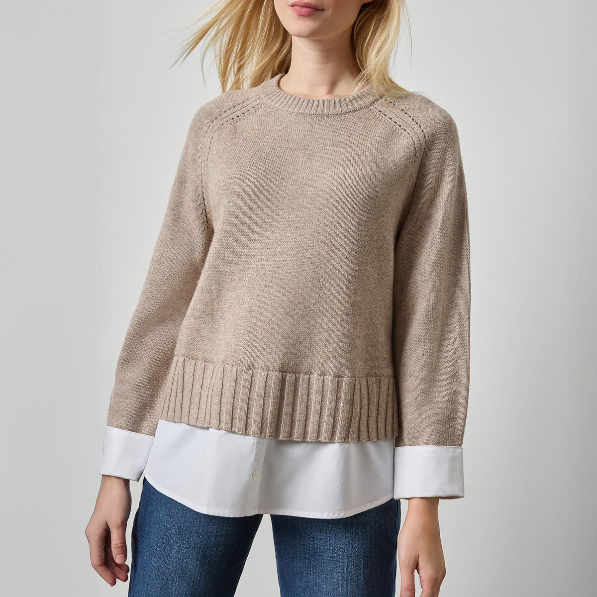 Mixed Media Crewneck Sweater in Birch