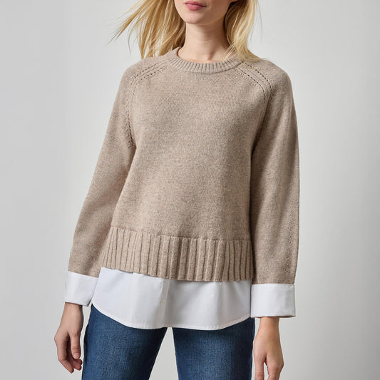 Mixed Media Crewneck Sweater in Birch