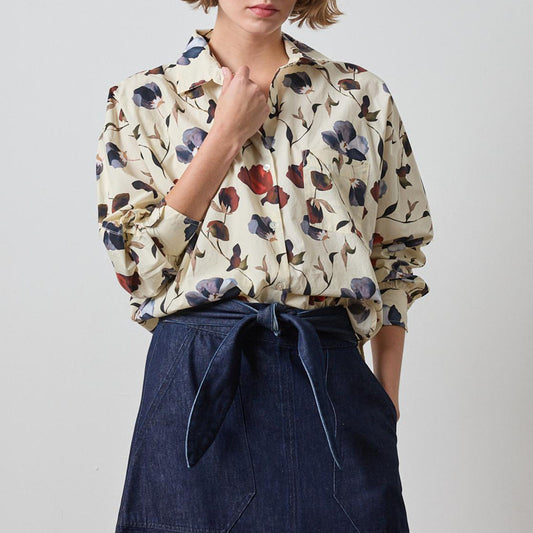 Dolman Button Down in Blue Poppy Print