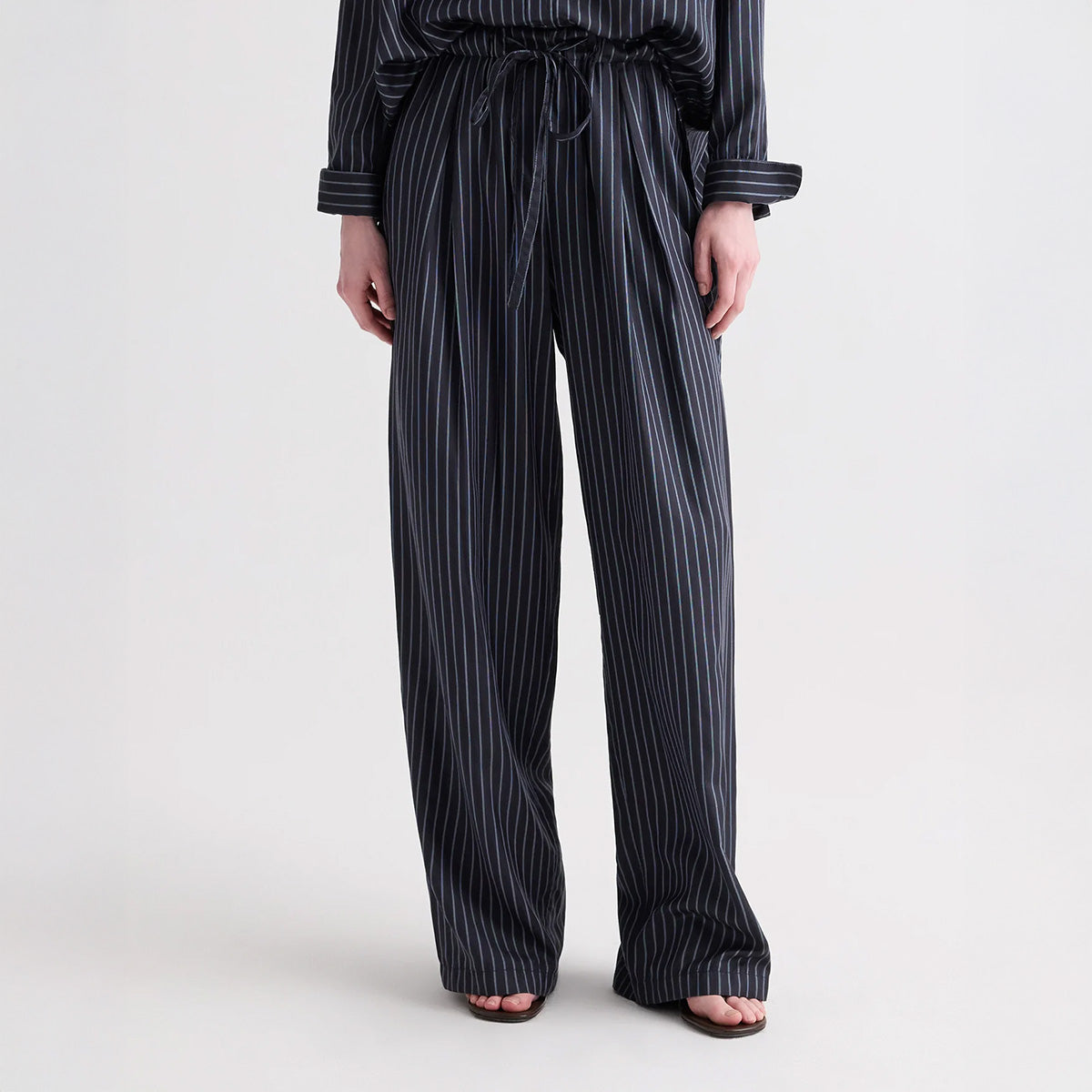 PJ Pant in Blue Night and Turkish Coffee Stripe wide-leg style with pockets and drawstring