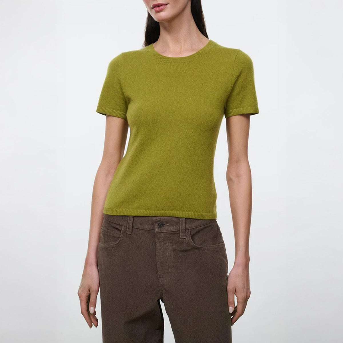 Easy Cashmere Tee in Pear displayed on a model, showcasing crew neckline and short sleeves.