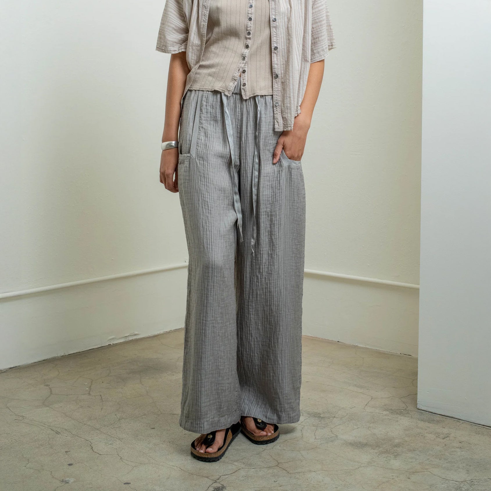 Broadway Pant in Dusty Gray, wide-leg design with elastic waist and silk ribbon, perfect for casual style.