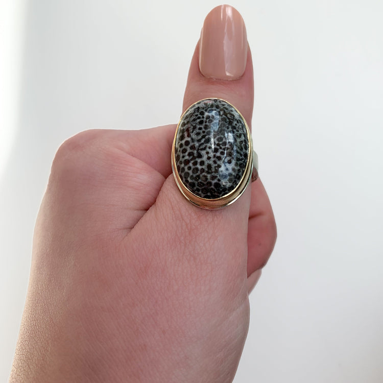 Fossilized Stingray Coral Oval Ring