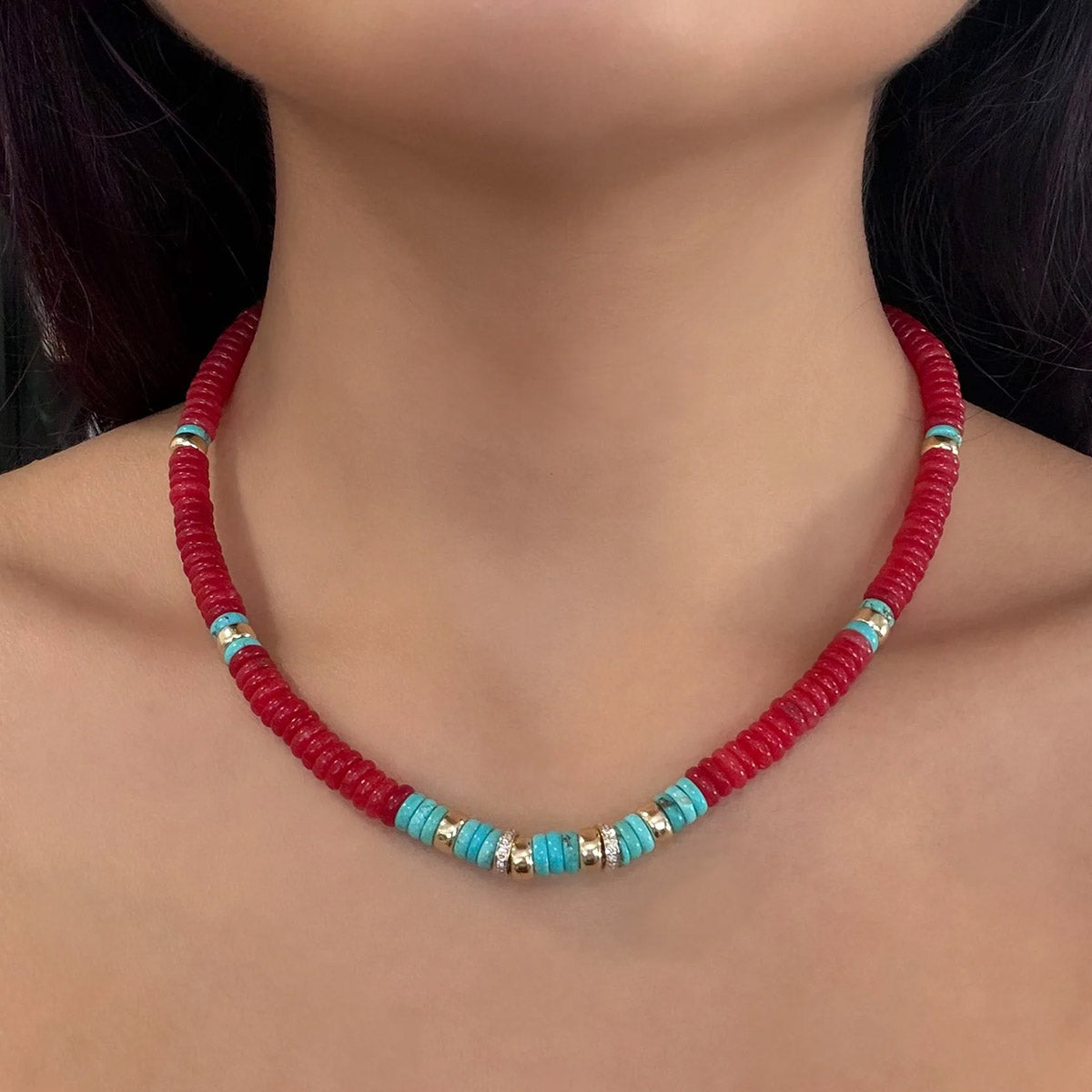 Red Jade and Turquoise Beaded Necklace