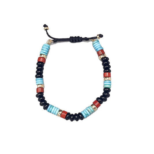 Beaded Bracelet in Black Agate, Turquoise and Red Jasper