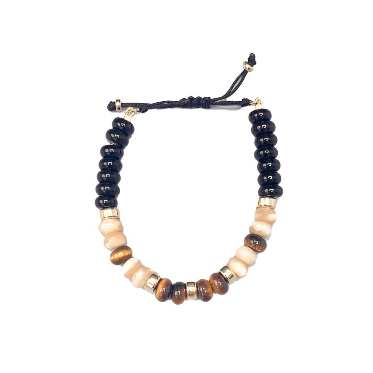 Beaded Bracelet in Black Agate, Mother of Pearl and Tiger's Eye