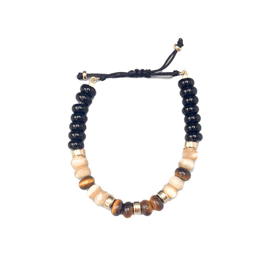 Beaded Bracelet in Black Agate, Mother of Pearl and Tiger's Eye