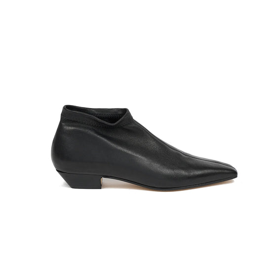 Stretch Low Boot in Black, featuring mod stretch leather and a low square stacked heel.