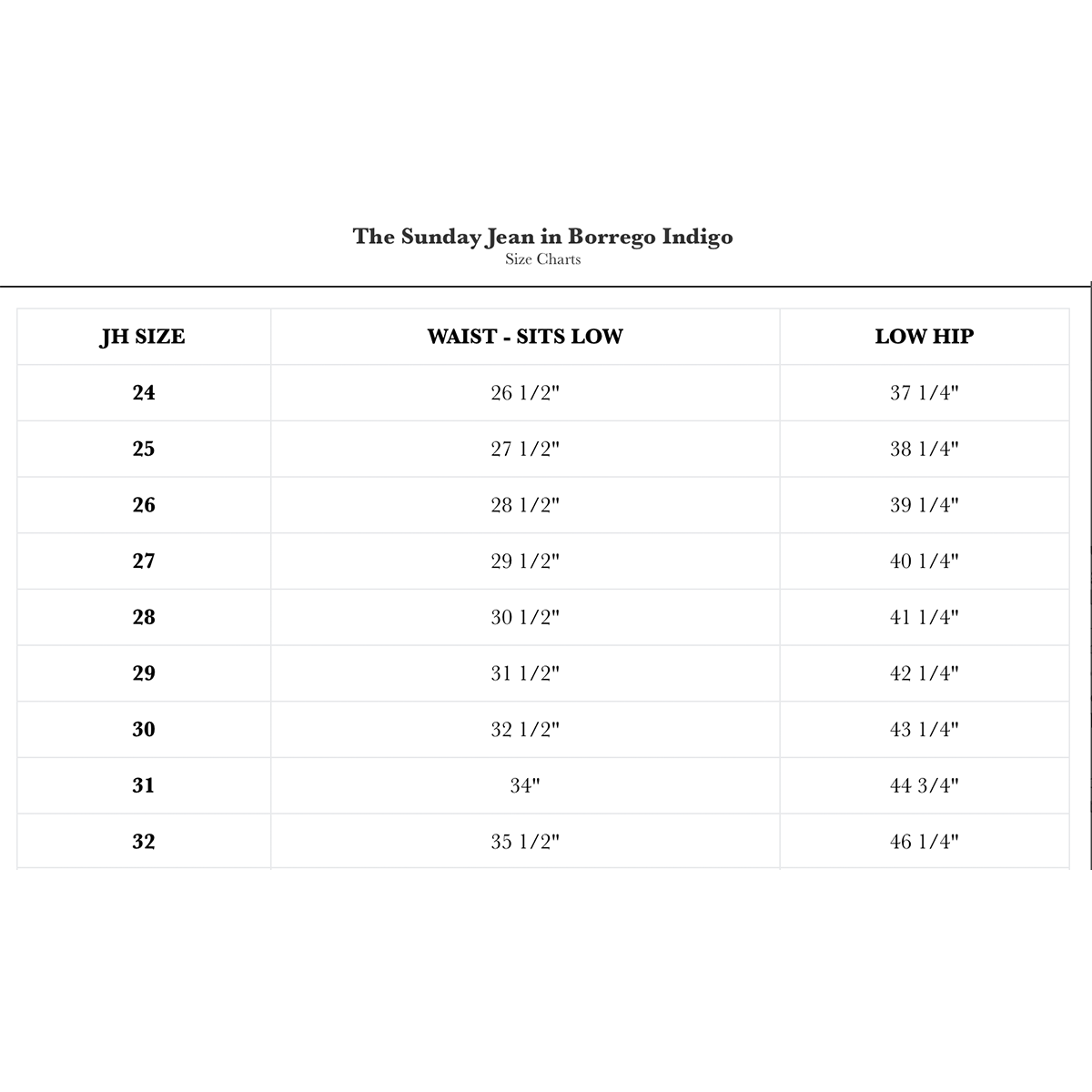 Size chart for the Sunday Jean in Borrego Indigo, including waist and hip measurements for different sizes.