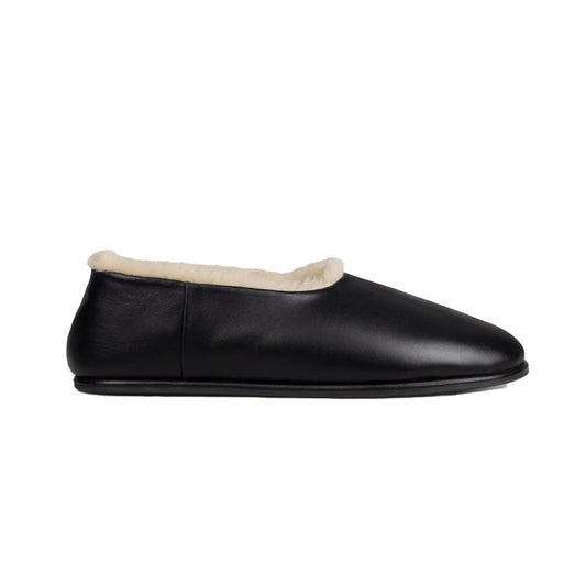 Slipper Shoe in Black with Shearling featuring soft shearling lining and Italian calf leather upper.