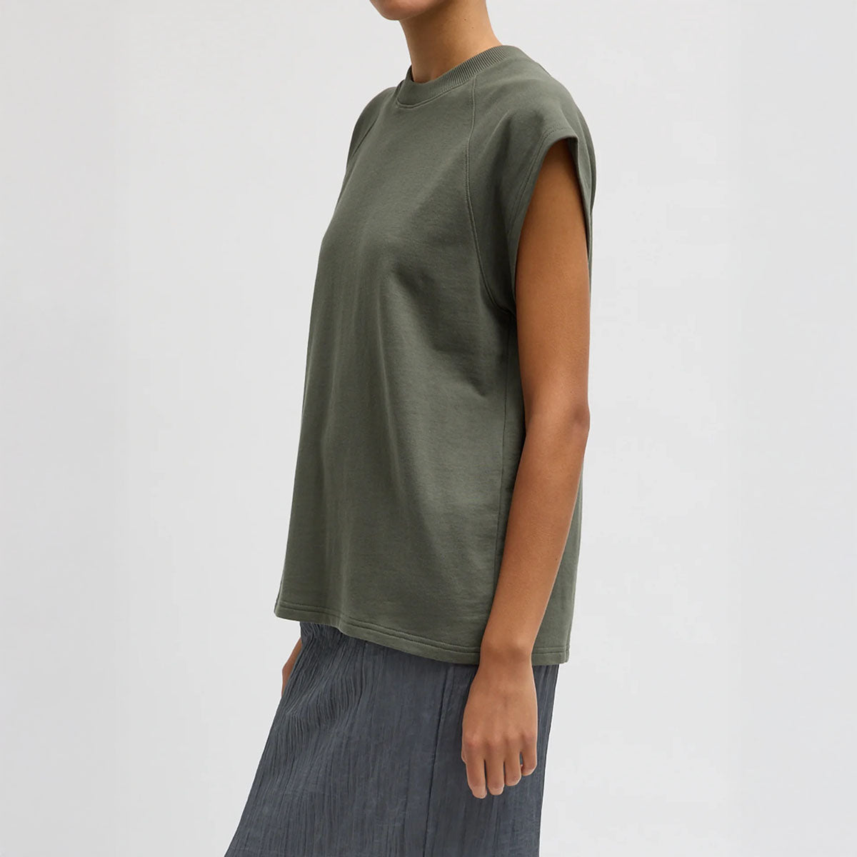 Light Weight Sweatshirting Sleeveless Easy Top in Olive