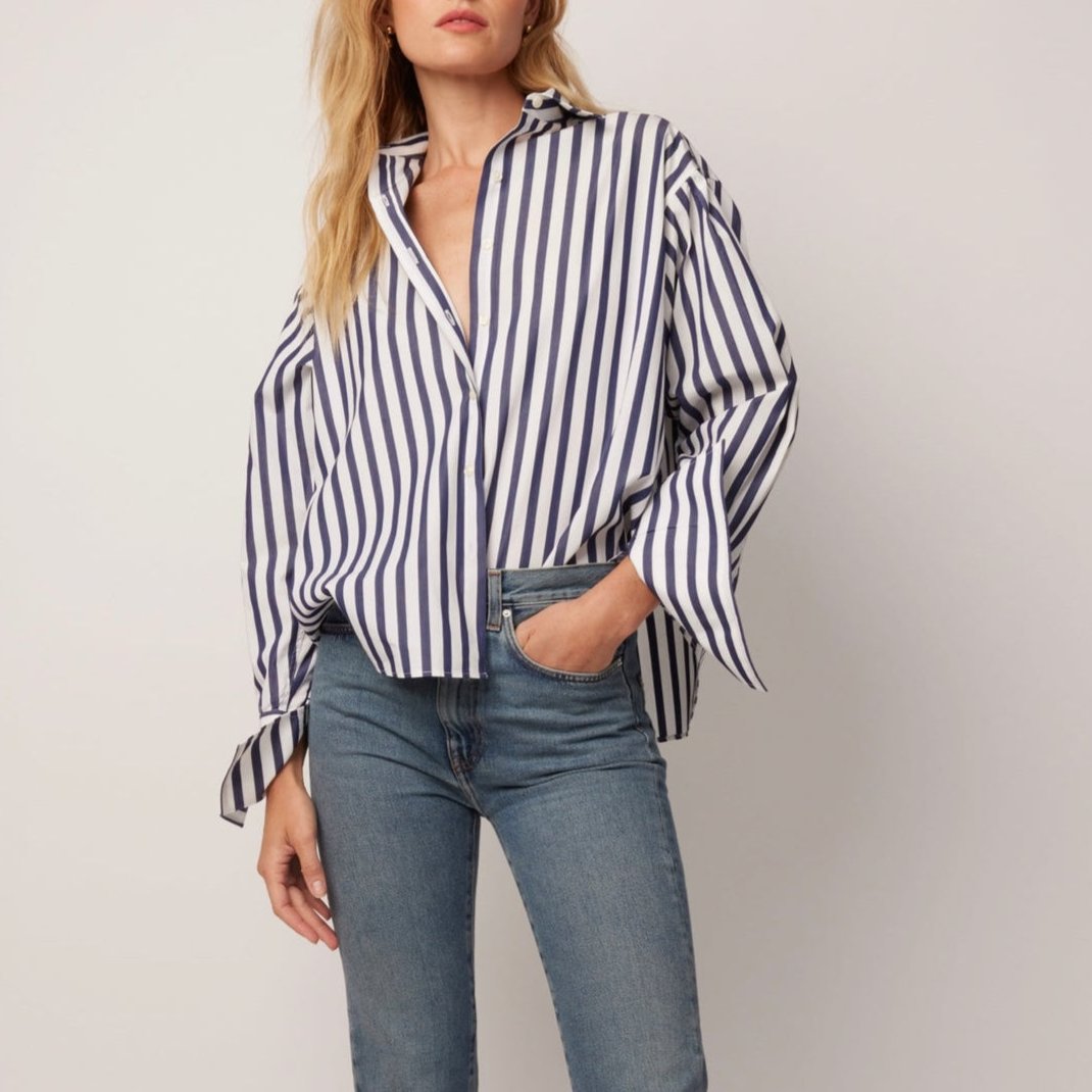 Isabel Button Up in Wide Navy Stripe