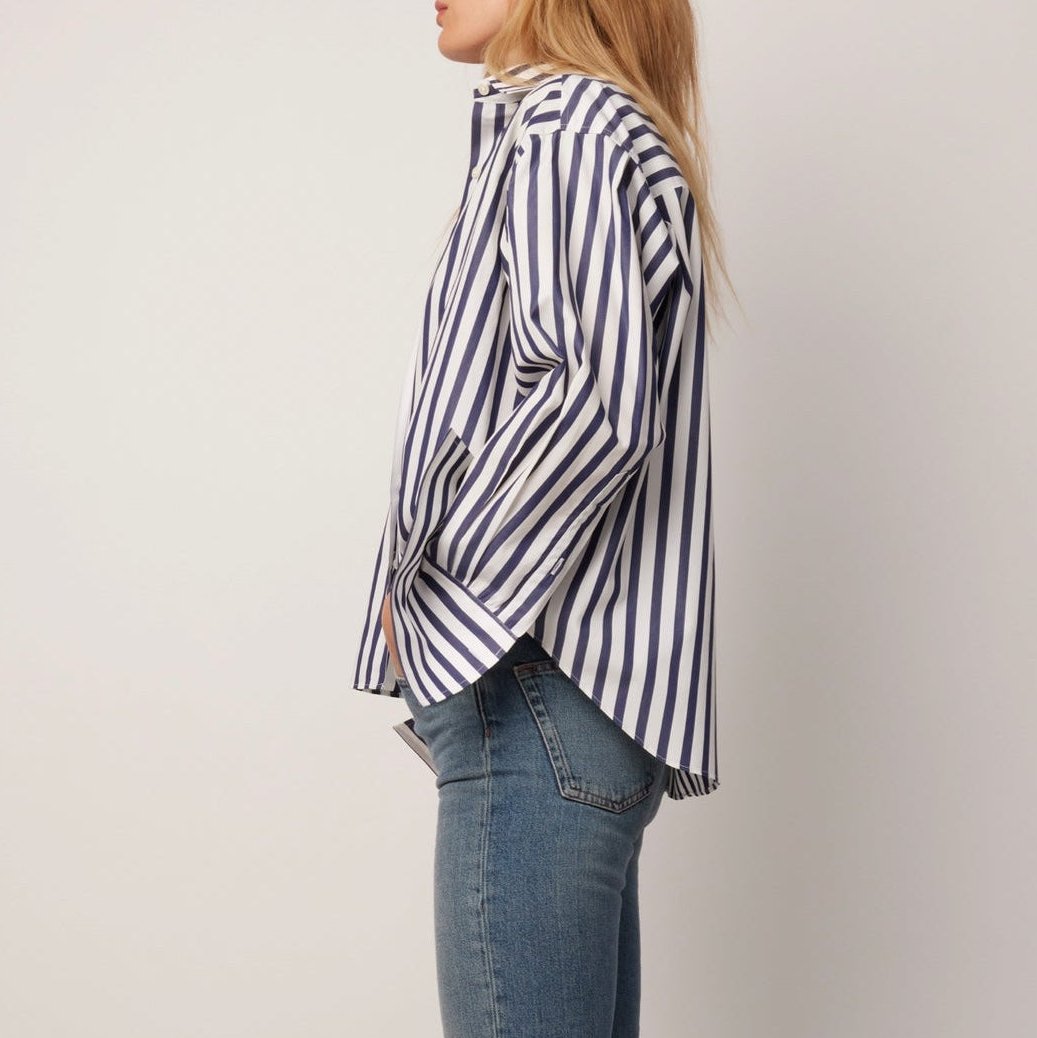 Isabel Button Up in Wide Navy Stripe