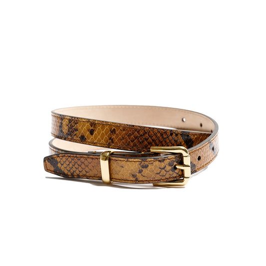The Slim Bar Belt in Mustard Python, close-up view showcasing the gold buckle and python texture.