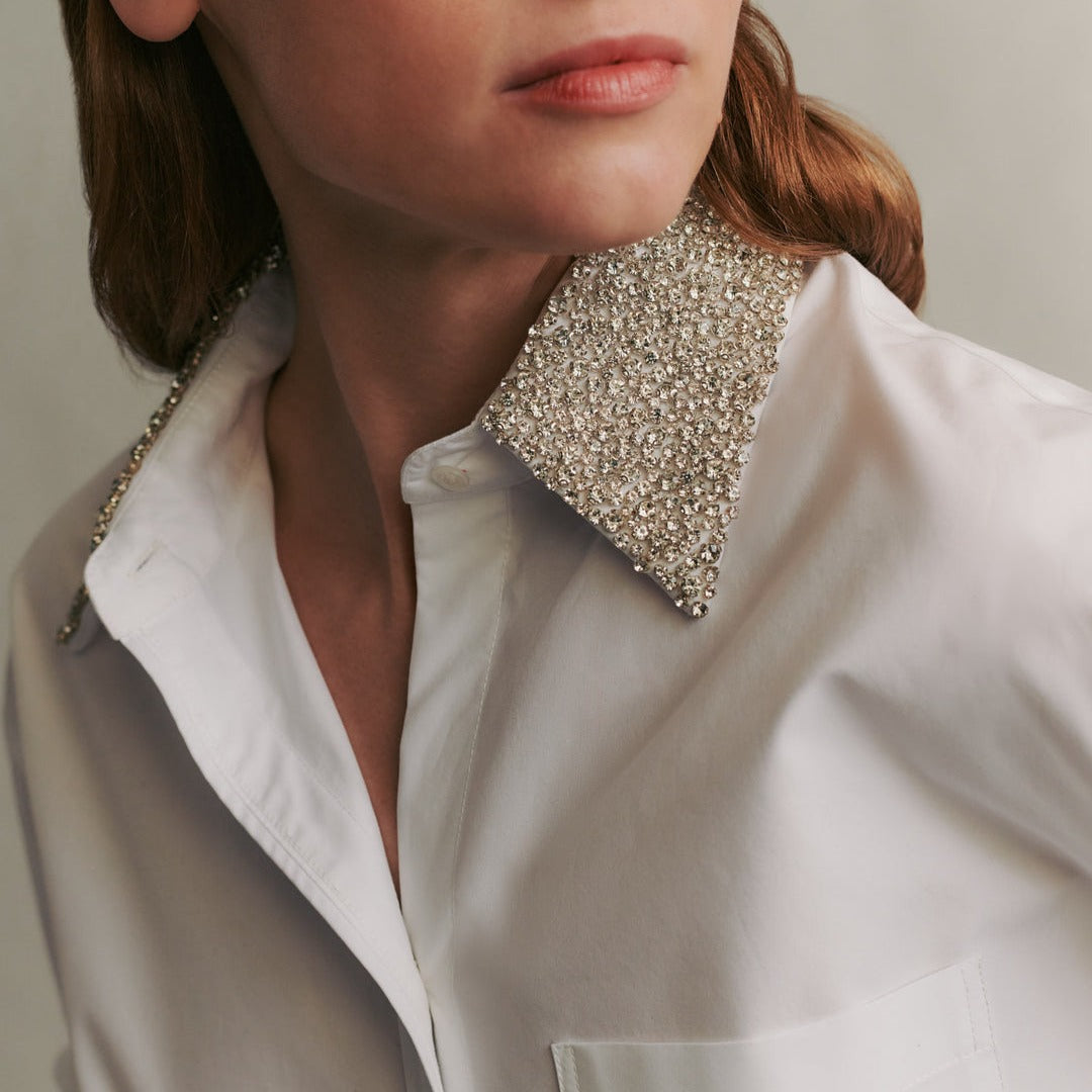 Big Joe Crystal Collar Blouse in White