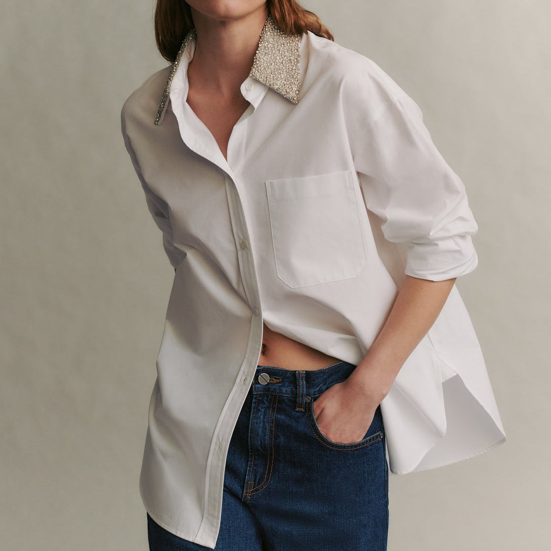 Big Joe Crystal Collar Blouse in White