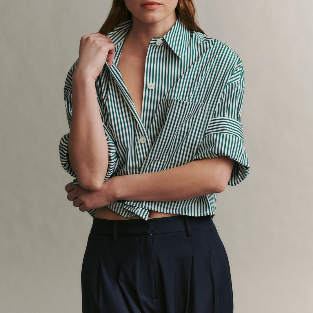 Next Ex Cropped Shirt in Hunter Green Stripe