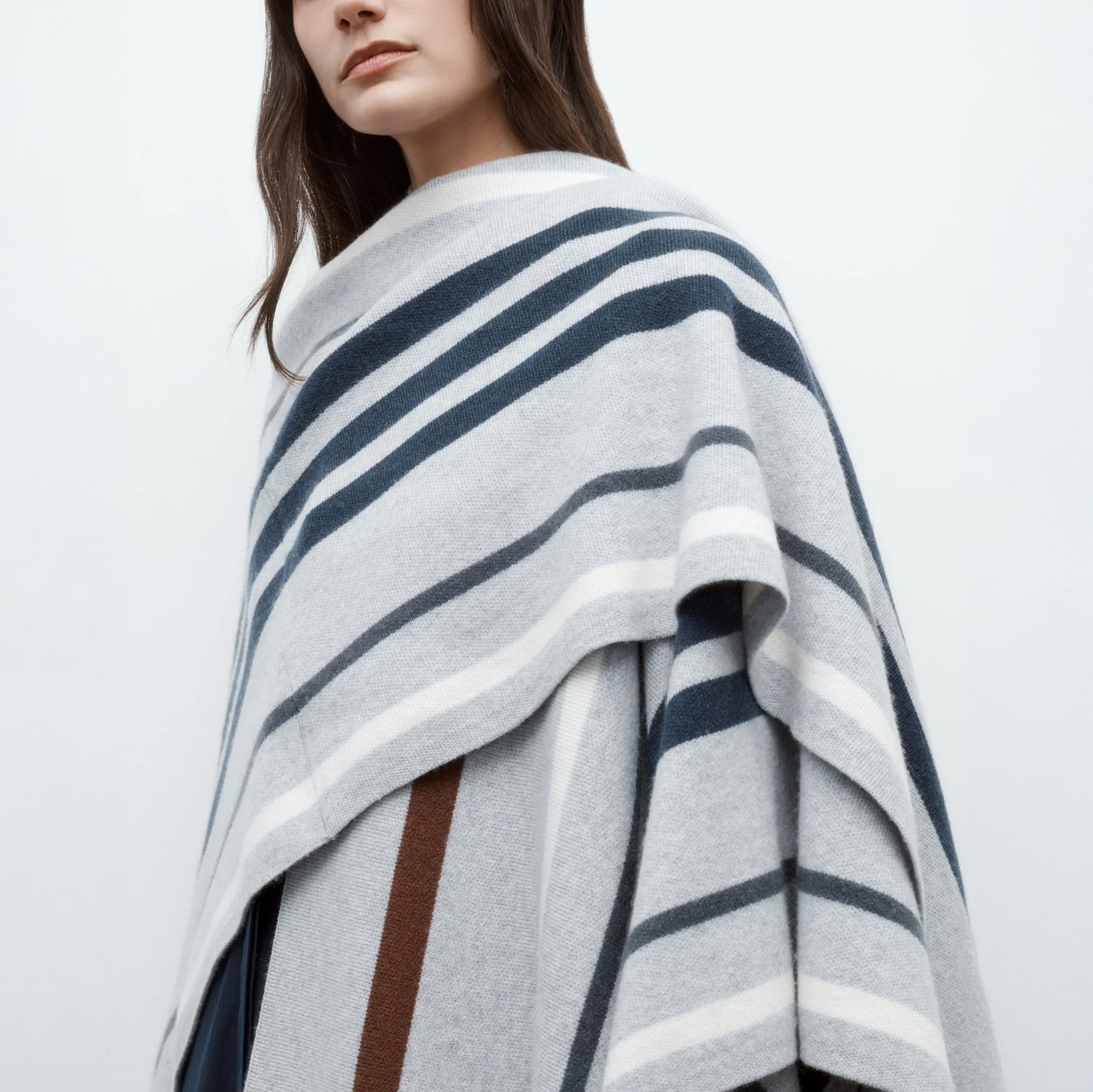 Wrap Poncho in Grey & Navy Stripe