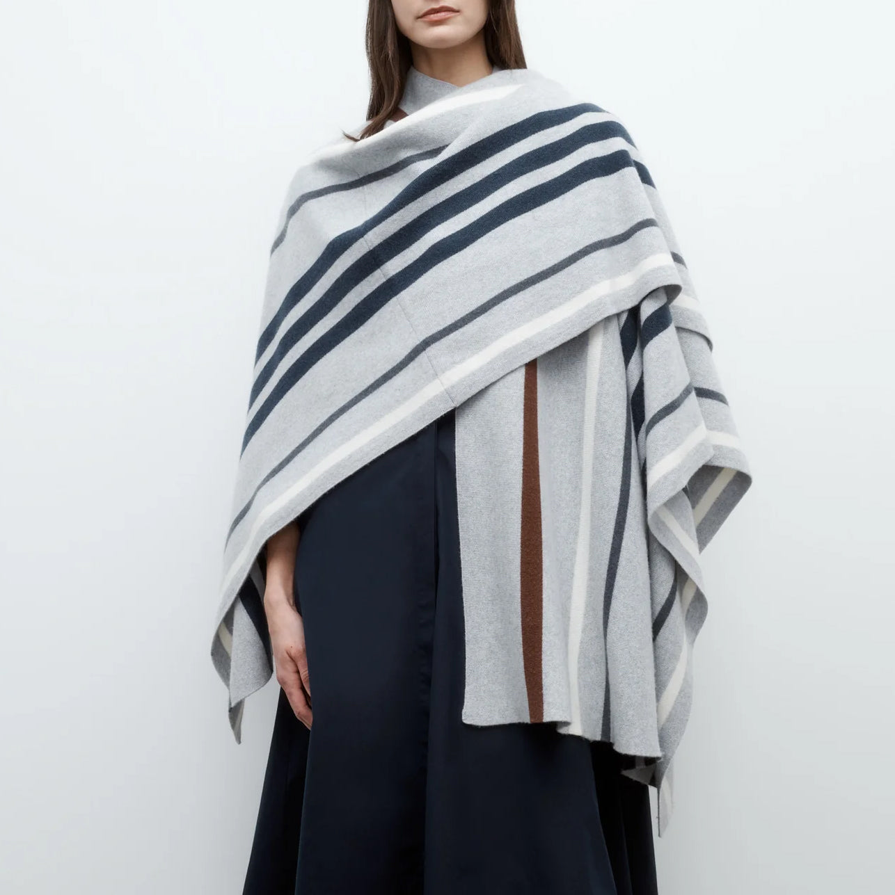 Wrap Poncho in Grey & Navy Stripe