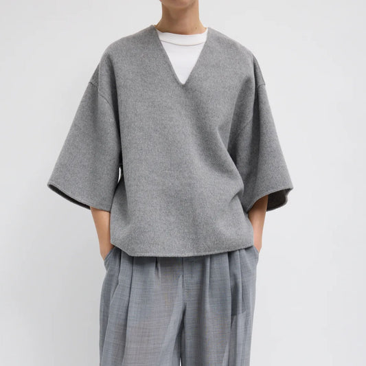 Angora V-Neck Top in Heather Gray