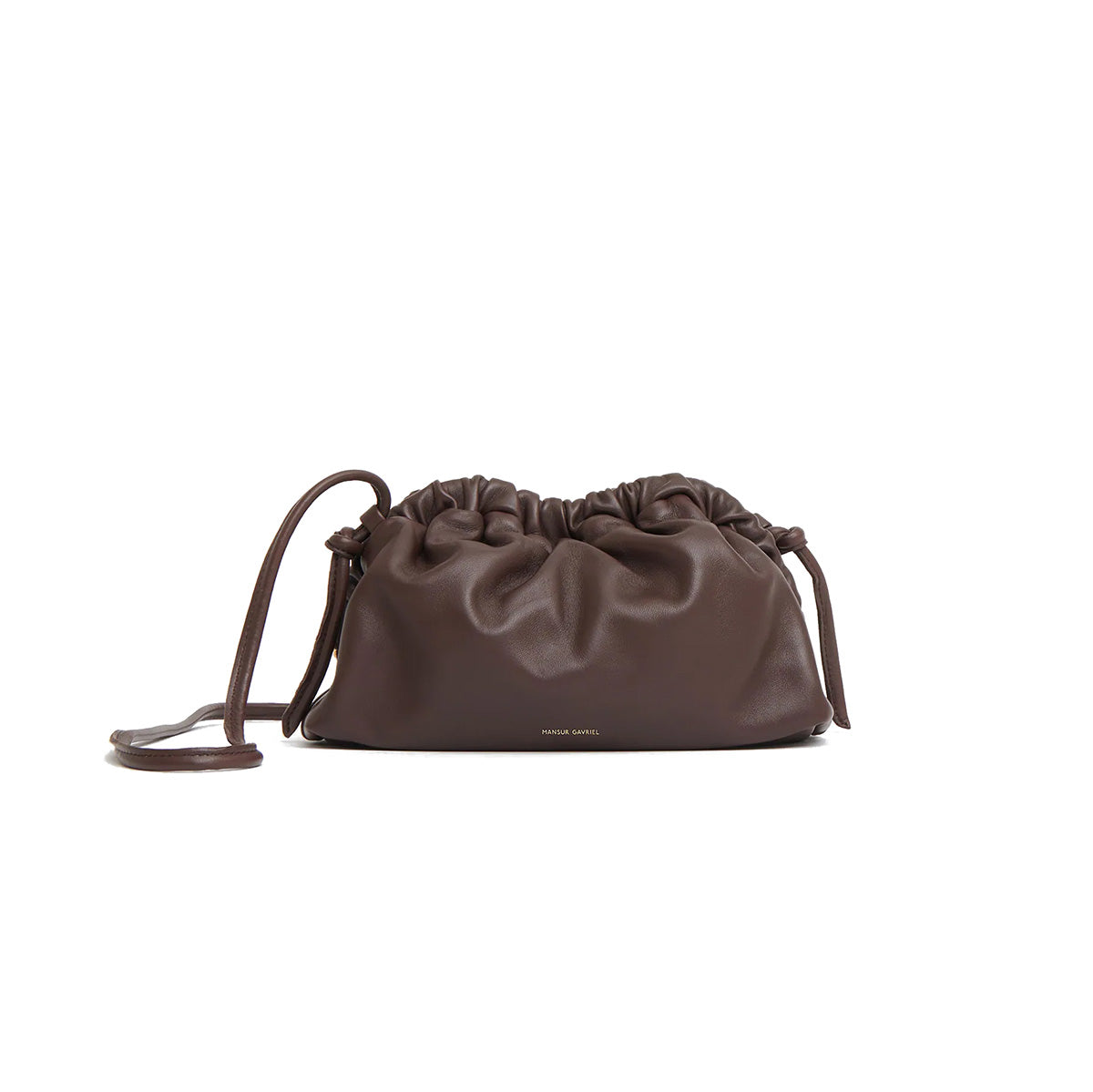 Mini Cloud Clutch in Chocolate, sculptural leather clutch with a magnetic closure and crossbody strap.