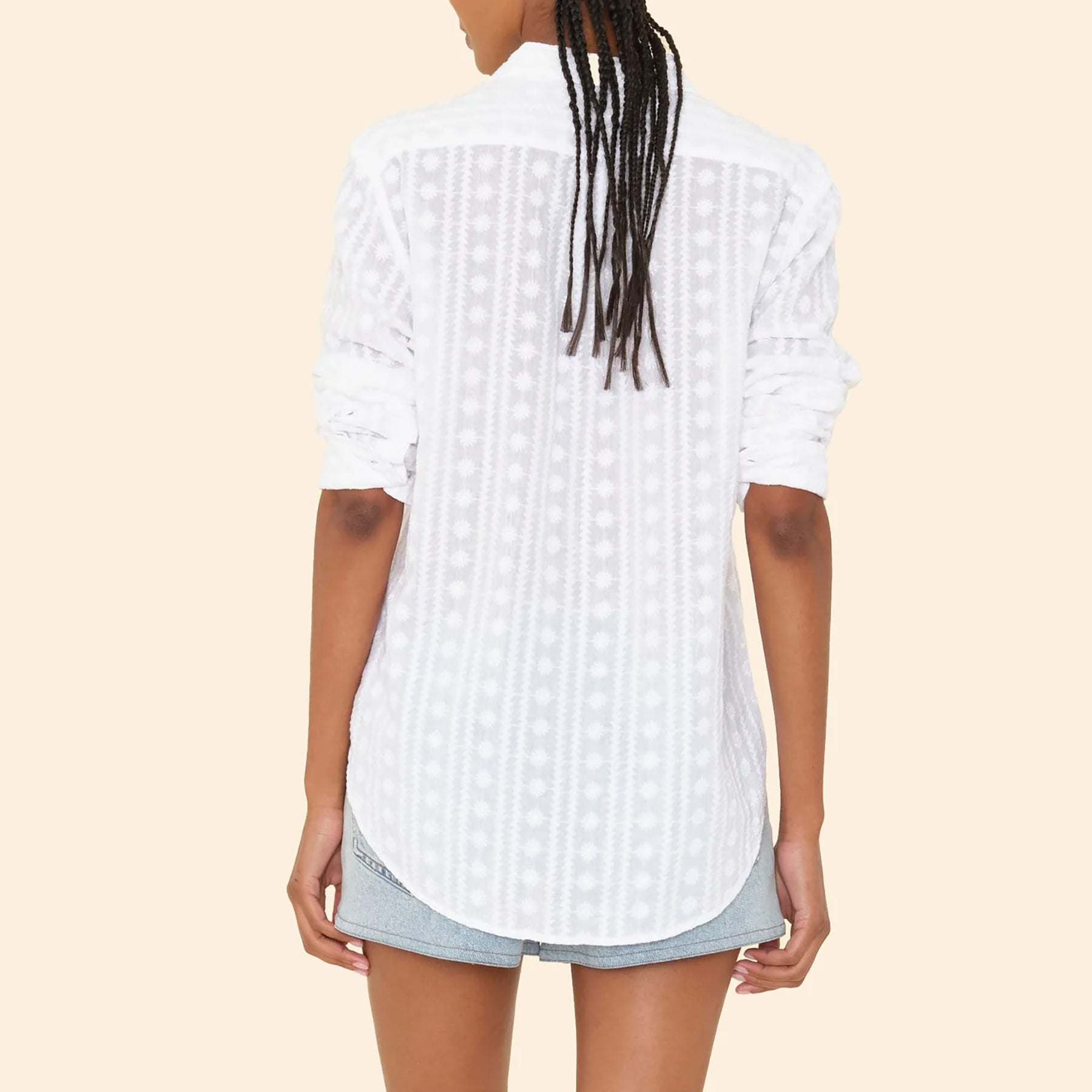 Back view of the Beau Embroidered Shirt in White with tonal floral patterns, showcasing its poplin fabric and relaxed fit.