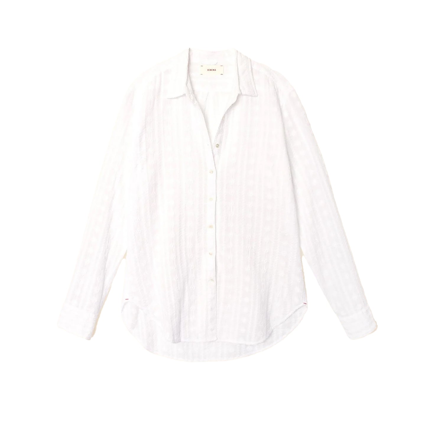Beau Embroidered White Shirt with buttons, tonal sunbeam floral embroidery, 100% cotton, stylish boyfriend fit.