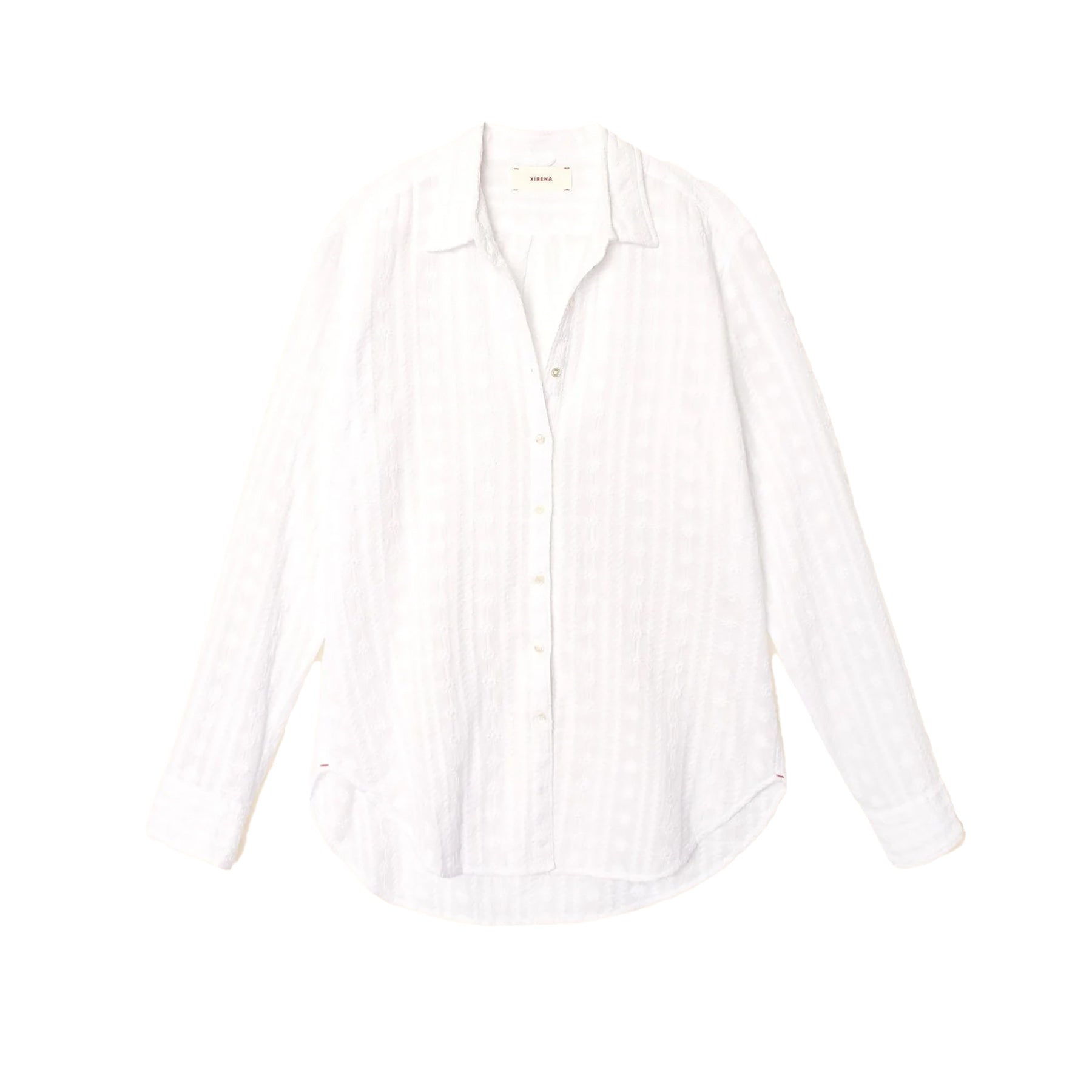 Beau Embroidered White Shirt with buttons, tonal sunbeam floral embroidery, 100% cotton, stylish boyfriend fit.