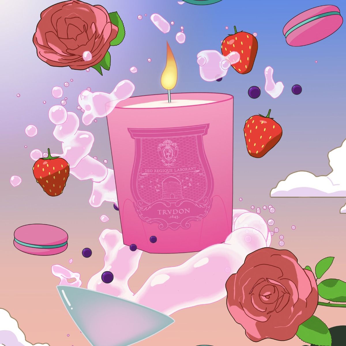 Limited edition Summer Haze candle by Trudon, featuring flowers and fruit, evoking a sweet and floral summer ambiance.