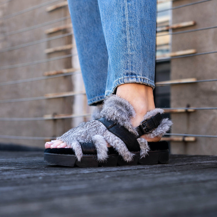 Fur Platform Sandal in Black & Grey
